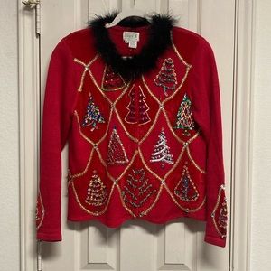 Just B Christmas Sweater Cardigan Sequined and Beaded Christmas Trees Size M